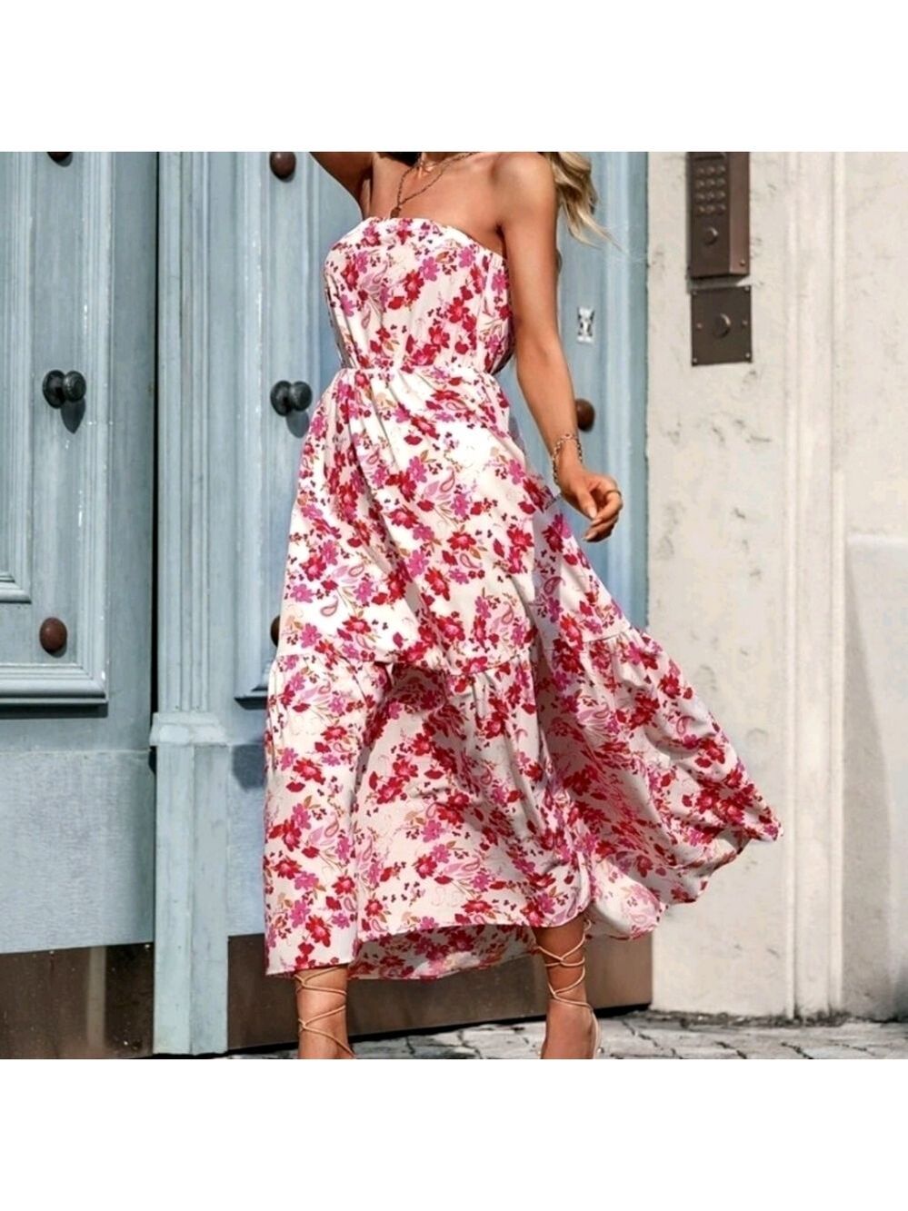 SHEIN Floral Maxi Dress High Waist Ruffle Hem Strapless White Red Pink Small New